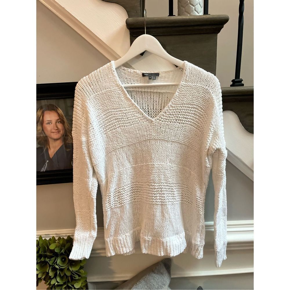 Vince White V-Neck Open Weave Sweater sz S